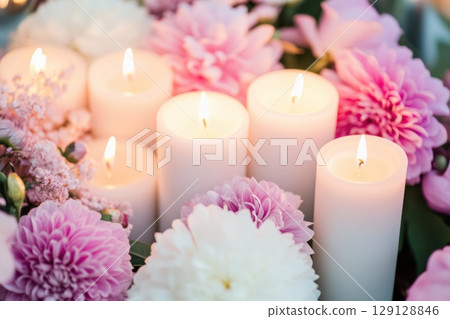 Close-up of glowing white candles surrounded by soft flowers. Warm flame light. Romantic, peaceful ambiance. Blurred pastel background. Spa, relaxation, mindfulness. Cozy mood. Banner, copy space Close-up of glowing white candles surrounded by soft flowers. Warm flame light. Romantic, peaceful ambiance. Blurred pastel background. Spa, relaxation, mindfulness. Cozy mood. Banner, copy space 129128846