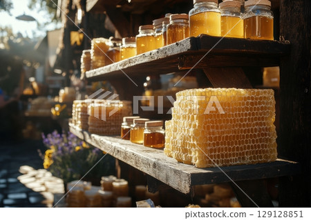 Close-up of natural honeycomb and glass jar with golden honey in rustic wooden shed. Sunlight highlights texture. Organic beekeeping. Warm tones. Traditional craftsmanship. Natural sweetness 129128851