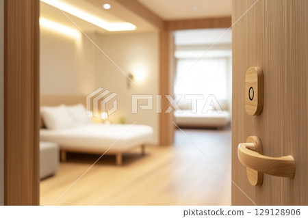 Doorknob. Metal door handle lock and latch of brass on veneer doors. Door wooden half opening through interior hotel room bedroom background, selective focus. Modern trends in interior design. Closeup 129128906