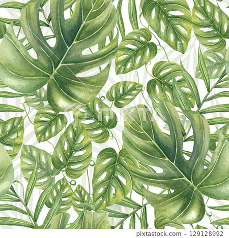 Tropical isolated seamless pattern with monstera, philodendron leaves and areca palm foliage in vibrant green watercolor. Floral repeat illustration for jungle themed wallpaper, exotic interior decor 129128992