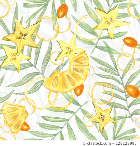 Juicy tropical seamless pattern with pineapple and carambola, slices, kumquats, palm leaves and juice splashes on isolated background. Bright illustration for summer packaging, beach resort textiles. Juicy tropical seamless pattern with pineapple and carambola, slices, kumquats, palm leaves and juice splashes on isolated background. Bright illustration for summer packaging, beach resort textiles. 129128993