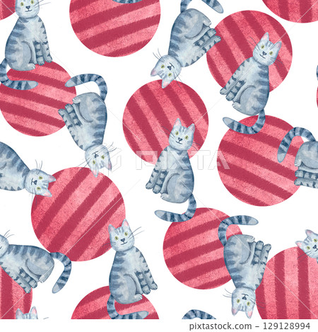 Playful gray tabby cats, textured red circles on white background. Seamless watercolor pattern isolated on white. Fun, hand-painted design ideal for apparel, accessories, wrapping paper, creative 129128994