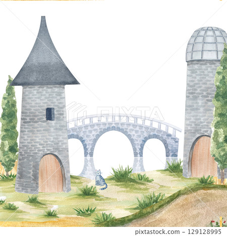 Two stone towers, an arched bridge, grassy terrain, and a striped cat. Whimsical watercolor scene. This hand-painted fantasy landscape is perfect for storybooks, posters, and children design Two stone towers, an arched bridge, grassy terrain, and a striped cat. Whimsical watercolor scene. This hand-painted fantasy landscape is perfect for storybooks, posters, and children design 129128995