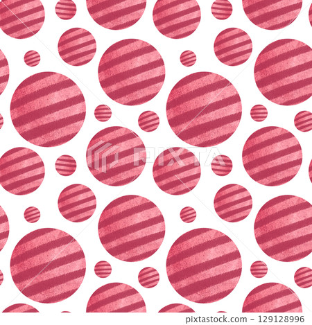 Red textured balls with diagonal stripes. Seamless watercolor pattern isolated on white. Playful minimal design suitable for childrens products, textiles, wrapping paper, and pet-themed backgrounds 129128996