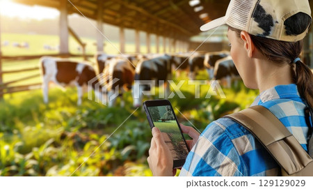 On a cow farm, female farmer effectively manages processes while holding a tablet. Calculation and analysis of milk yield and livestock growth. Tablet empowers modern farmers. On a cow farm, female farmer effectively manages processes while holding a tablet. Calculation and analysis of milk yield and livestock growth. Tablet empowers modern farmers. 129129029