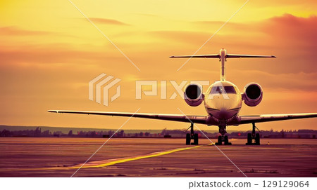Graceful stillness: The sleek silhouette of a business jet, quietly resting on the runway. Business jet on a runway. 129129064