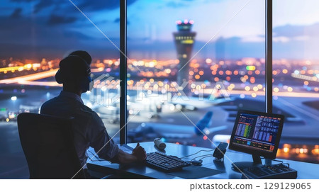 A skilled male air traffic controller managing flights in a control tower. From his perch in the control tower, the experienced male air traffic controller coordinates flights with exceptional skill. 129129065