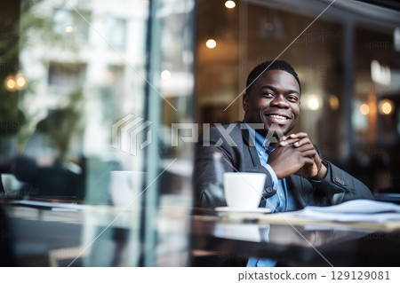 Middle aged Caucasian man drinks coffee while working with laptop at a cafe. View through the glass of the showcase. 129129081