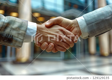 Business deal - handshaking on background of business hall. Hands close-up. The start of something great, locked in a handshake. 129129135