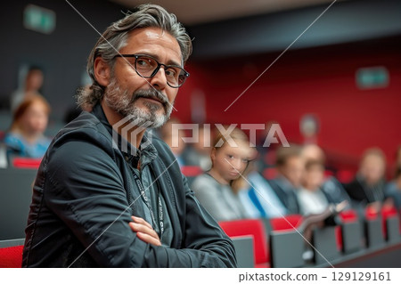 A cybersecurity expert giving a lecture on protecting personal data online. The expert passionately explains the importance of online privacy. 129129161