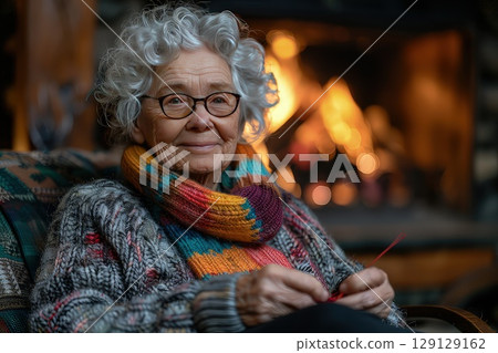 Grandmother knitting colorful socks for her grandchildren. Handmade socks, crafted by grandma's skillful hands, a source of joy and warmth. 129129162