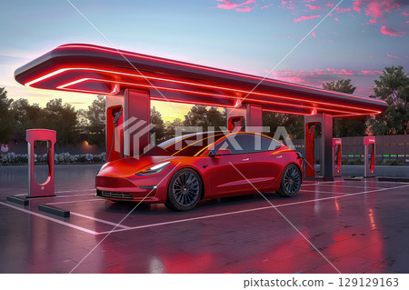 An electric car on a charging station at sunset. As the day turns into dusk, an electric car connects to the charging station, ready for the night ahead. 129129163