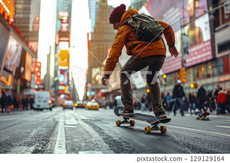 A skateboarder commuting to work through a bustling city center. The skateboarder's wheels create a symphony of sounds amidst the urban chaos. 129129164