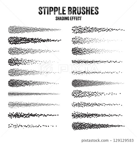 Ink scatter brush, stipple drawing and texturing. Fading gradient. Stippling, dotwork drawing, shading using dots. Halftone disintegration effect. White noise grainy texture. Vector illustration 129129583