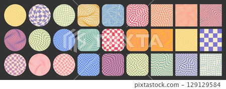 Groovy checkered pattern, colorful tiled grid. Vintage wavy curved backdrop, distortion effect. Funky geometric chessboard texture, retro background in 90s style, y2k. Vector illustration 129129584