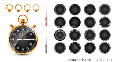 Realistic classic stopwatch. Shiny golden metal chronometer, time counter with dial. Countdown timer showing minutes and seconds. Time measurement for sport, start, finish. Vector illustration 129129585