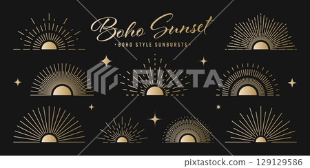 Vintage golden sunburst, sunset beams collection. Boho style, modern minimalist bohemian design. Hand drawn bursting sun, light rays. Logotype or lettering retro design element. Vector illustration 129129586