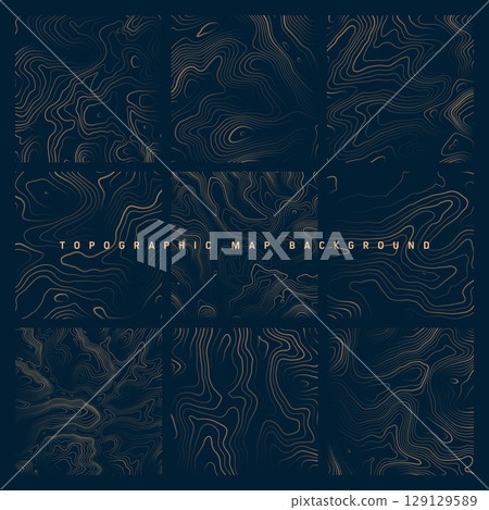 Colorful topographic maps with contour lines. Geographic terrain grid, relief height elevation. Ground path pattern. Travel and navigation, cartography design element. Vector illustration Colorful topographic maps with contour lines. Geographic terrain grid, relief height elevation. Ground path pattern. Travel and navigation, cartography design element. Vector illustration 129129589