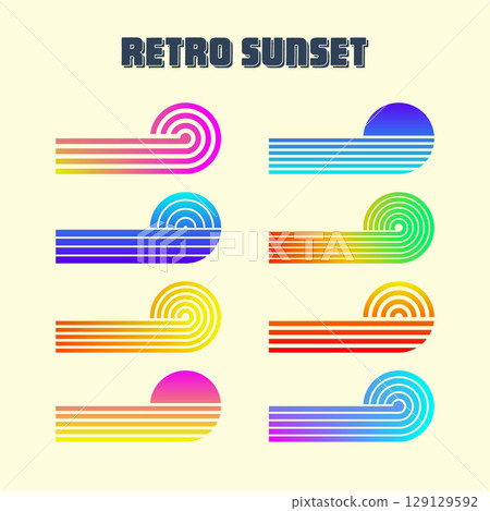 Vintage colorful sunset. Various gradient striped sunrise badges in 80s and 90s style. Sun and ocean view, summer vibes, surfing. Design element for print, logo or t-shirt. Vector illustration Vintage colorful sunset. Various gradient striped sunrise badges in 80s and 90s style. Sun and ocean view, summer vibes, surfing. Design element for print, logo or t-shirt. Vector illustration 129129592