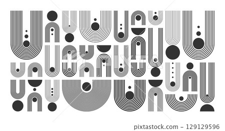 Arch and circle elements, modern geometric shapes. Contemporary design, mid century minimalist art. Trendy design elements for wall decor, posters, books, covers and flyers. Vector illustration Arch and circle elements, modern geometric shapes. Contemporary design, mid century minimalist art. Trendy design elements for wall decor, posters, books, covers and flyers. Vector illustration 129129596