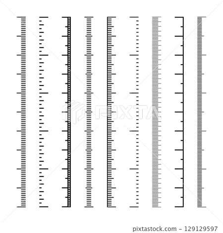 Vertical measurement scales with divisions. Realistic scale for measuring length or height in centimeters, millimeters or inches. Ruler, tape measure marks, size indicators. Vector illustration Vertical measurement scales with divisions. Realistic scale for measuring length or height in centimeters, millimeters or inches. Ruler, tape measure marks, size indicators. Vector illustration 129129597