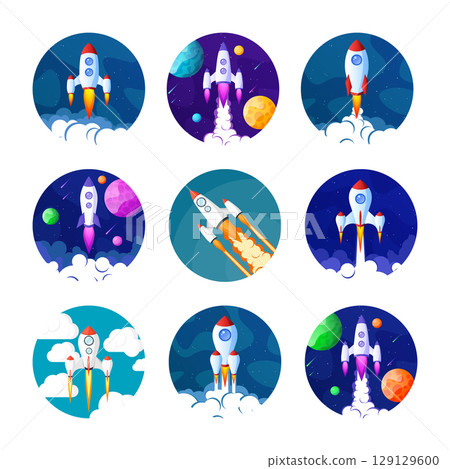 Rocket launch, space futuristic colorful background with planets and stars. Cartoon starship, spaceship in night sky. Solar system, galaxy and universe exploration. Vector illustration 129129600