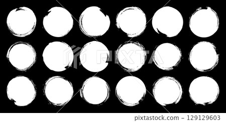 Grunge circles, brush strokes, lines, ink smudges, hand-drawn scribble shapes. Handmade sketchy marks, acrylic stains, charcoal streaks. Paint textures, dry brush effect. Vector illustration 129129603