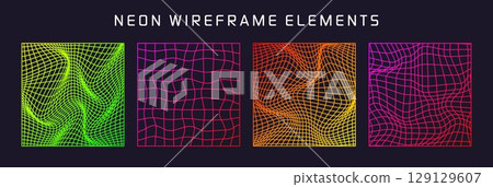 Colorful wireframe shapes, lined perspective mesh, 3d grid. Low poly geometric elements. Retro futuristic design elements, y2k, vaporwave and synthwave style. Vector illustration Colorful wireframe shapes, lined perspective mesh, 3d grid. Low poly geometric elements. Retro futuristic design elements, y2k, vaporwave and synthwave style. Vector illustration 129129607