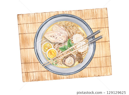 Traditional Asian ramen soup on bamboo mat with chopsticks watercolor illustration isolated background. Noodles, shiitake, egg and chicken slices, vegetables. Japanese restaurant menu, food packaging. 129129625