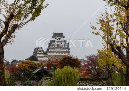 Autumn landscape with Himeji Castle framed by colorful foliage of seasonal trees Autumn landscape with Himeji Castle framed by colorful foliage of seasonal trees 129129644