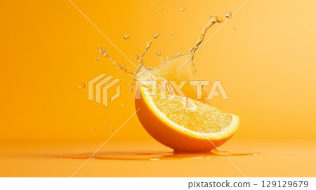 Fresh orange slice creating a dynamic splash of juice against a vibrant orange backdrop, offering a refreshing visual perfect for summer and beverage related themes 129129679