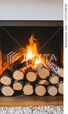 Birch logs burning brightly in a modern fireplace, radiating warmth and creating a cozy, inviting ambiance, ideal for enjoying a relaxing evening at home during the winter season Birch logs burning brightly in a modern fireplace, radiating warmth and creating a cozy, inviting ambiance, ideal for enjoying a relaxing evening at home during the winter season 129129696