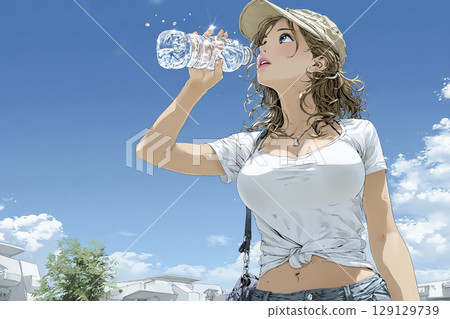 Illustration of a woman wearing a hat who is careful to stay hydrated under the summer sun (blue sky, safety awareness) Illustration of a woman wearing a hat who is careful to stay hydrated under the summer sun (blue sky, safety awareness) 129129739