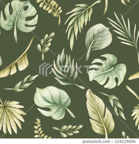 Tropical Monstera Palm Leaves Exotic green plants Watercolor hand painted summer pastel neutral seamless pattern on green background for cute nursery wall kids baby cloth textile fabric wrapping paper Tropical Monstera Palm Leaves Exotic green plants Watercolor hand painted summer pastel neutral seamless pattern on green background for cute nursery wall kids baby cloth textile fabric wrapping paper 129129806