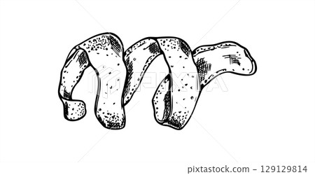 Monochrome vector illustration of whole lemon peel in spiral shape with visible zest. Peeling citrus fruit skin line art black ink sketch. For beverage packaging, cocktail menu, organic food design Monochrome vector illustration of whole lemon peel in spiral shape with visible zest. Peeling citrus fruit skin line art black ink sketch. For beverage packaging, cocktail menu, organic food design 129129814