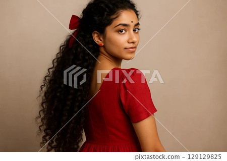 Confident Young Woman with Curly Hair and Red Dress Viewed from Behind 129129825