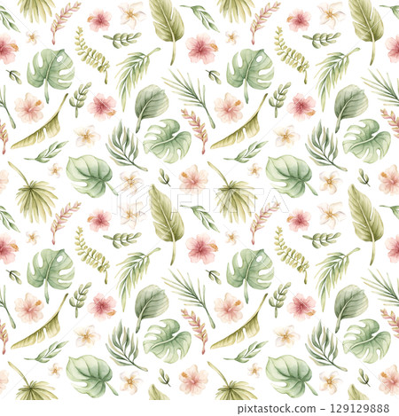 Tropical Leaves and Pink Flowers Exotic Plants Watercolor hand painted summer pastel neutral seamless pattern on white background for cute nursery wall kids baby cloth textile fabric wrapping paper Tropical Leaves and Pink Flowers Exotic Plants Watercolor hand painted summer pastel neutral seamless pattern on white background for cute nursery wall kids baby cloth textile fabric wrapping paper 129129888