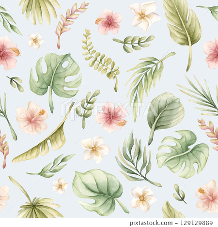 Tropical Leaves and Pink Flowers Exotic Plants Watercolor hand painted summer pastel neutral seamless pattern on blue background for cute nursery wall kids baby cloth textile fabric wrapping paper Tropical Leaves and Pink Flowers Exotic Plants Watercolor hand painted summer pastel neutral seamless pattern on blue background for cute nursery wall kids baby cloth textile fabric wrapping paper 129129889