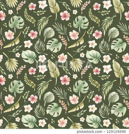 Tropical Leaves and Pink Flowers Exotic Plants Watercolor hand painted summer pastel neutral seamless pattern on green background for cute nursery wall kids baby cloth textile fabric wrapping paper Tropical Leaves and Pink Flowers Exotic Plants Watercolor hand painted summer pastel neutral seamless pattern on green background for cute nursery wall kids baby cloth textile fabric wrapping paper 129129890