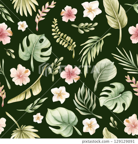 Tropical Leaves and Pink Flowers Exotic Plants Watercolor hand painted summer pastel neutral seamless pattern on dark green background for cute nursery kids baby cloth textile fabric wrapping paper Tropical Leaves and Pink Flowers Exotic Plants Watercolor hand painted summer pastel neutral seamless pattern on dark green background for cute nursery kids baby cloth textile fabric wrapping paper 129129891
