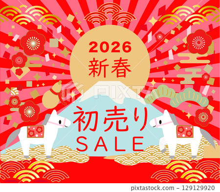 2026 New Year's Sale Banner Illustration Horse and Mount Fuji 129129920