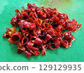 Freshly Sliced Red Chili Peppers on Bright Green Cutting Board Surface Freshly Sliced Red Chili Peppers on Bright Green Cutting Board Surface 129129935