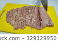 Fresh Minced Meat Chopped on Yellow Cutting Board with Sharp Knife in Kitchen Setting Fresh Minced Meat Chopped on Yellow Cutting Board with Sharp Knife in Kitchen Setting 129129950
