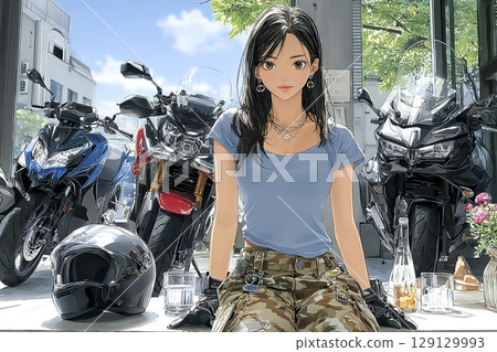 Riders Cafe - Illustration of a female rider taking a break while looking at her bike Riders Cafe - Illustration of a female rider taking a break while looking at her bike 129129993