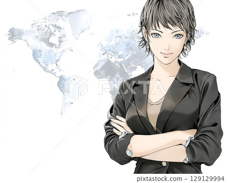 Illustration material of a smiling businesswoman standing in front of a world map 129129994