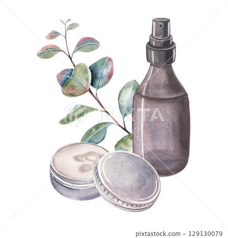 Spray bottle, opened tin, eucalyptus branch. Hand-painted watercolor illustration isolated on white background for cosmetic, solid perfume packaging, labels, natural product branding, wellness blogs 129130079