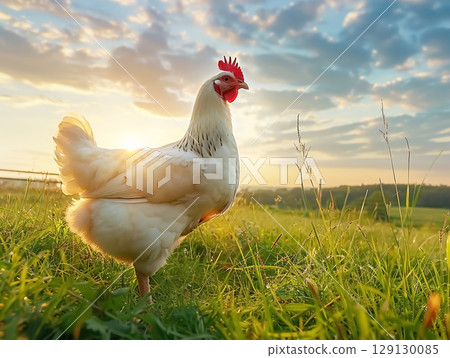 Chicken portrait in the field Chicken portrait in the field 129130085