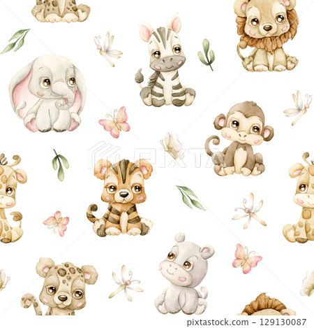 Cute Tropical Animals Butterflies Dragonfly and Leaves Watercolor hand painted summer pastel neutral seamless pattern on white background for cute nursery kids baby cloth textile fabric wrapping paper Cute Tropical Animals Butterflies Dragonfly and Leaves Watercolor hand painted summer pastel neutral seamless pattern on white background for cute nursery kids baby cloth textile fabric wrapping paper 129130087