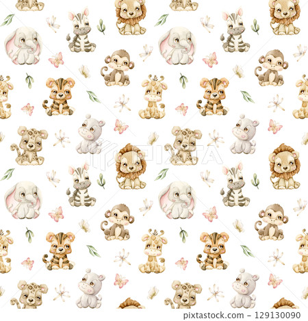 Cute Tropical Animals Butterflies Dragonfly and Leaves Watercolor hand painted summer pastel neutral seamless pattern on white background for cute nursery kids baby cloth textile fabric wrapping paper 129130090