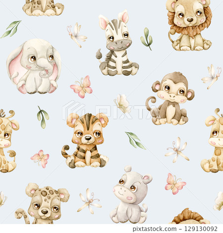 Cute Tropical Animals Butterflies Dragonfly and Leaves Watercolor hand painted summer pastel neutral seamless pattern on blue background for cute nursery kids baby cloth textile fabric wrapping paper 129130092